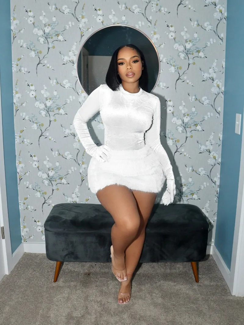 Women Solid 2 Piece Set Velvet Long Sleeve Bodysuits Tops + Faux Fur Mini Skirts Fashion Casual Suits 2025 Fall Winter Clubwear