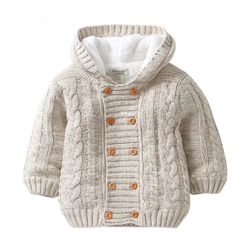 Baby Boys Hooded Cardigan Jacket Long Sleeve Fleece Lined Knitted Sweater Kids Toddler Girls Winter Warm Outerwear 0-2 Y