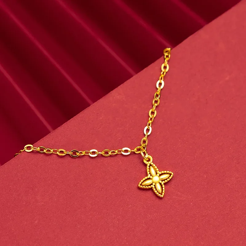 9999 Real Gold 24K Jewelry Trend Simple ins Style Women's Pendant Four Leaf Clover Bracelet Gold Jewelry