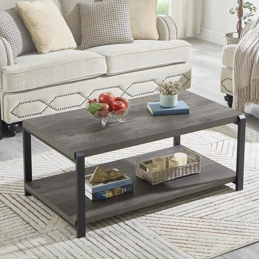 Rustic Grey Wood and Metal Storage Cocktail Table for Living Room
