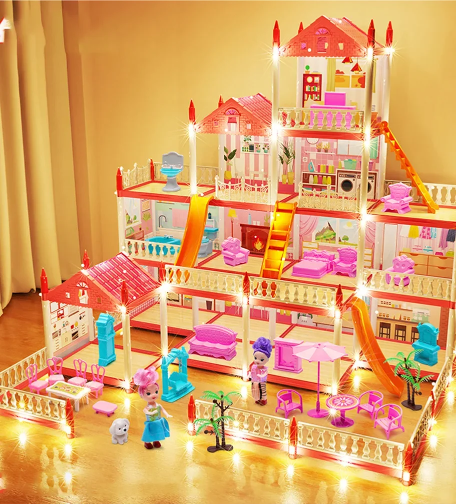 3D DIY Dream Princess Castle Villa Assembly Doll House Set Toy Girl Family Toy Children's Music Doll House Assembly Villa House