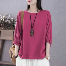 Women's Spring Fashion Simplicity Solid Color O-neck Half Sleeve T-Shirt Women Clothes Casual Loose All-match Temperament Tops