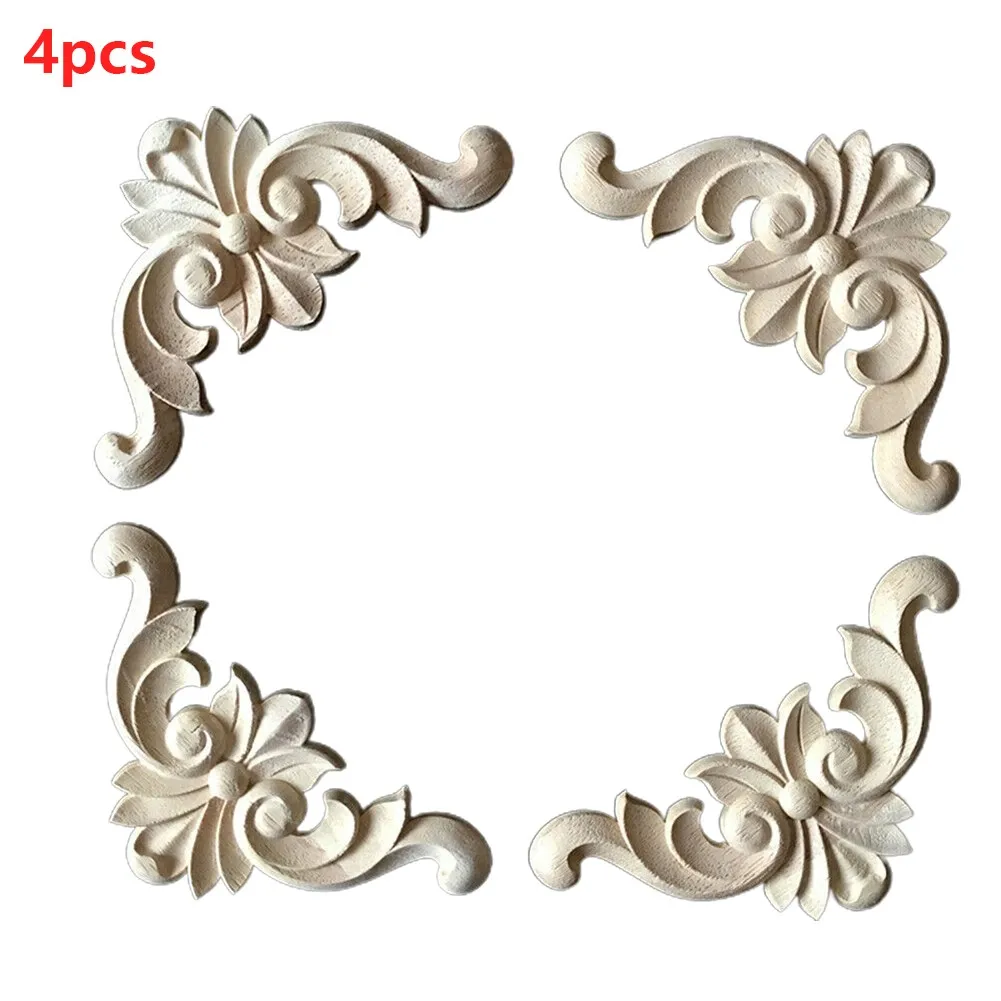 4pcs Wood Applique Carved Corner Onlay Furniture Mouldings Decal DIY For Frame Wall Door Cabinets Beige Decoration Crafts