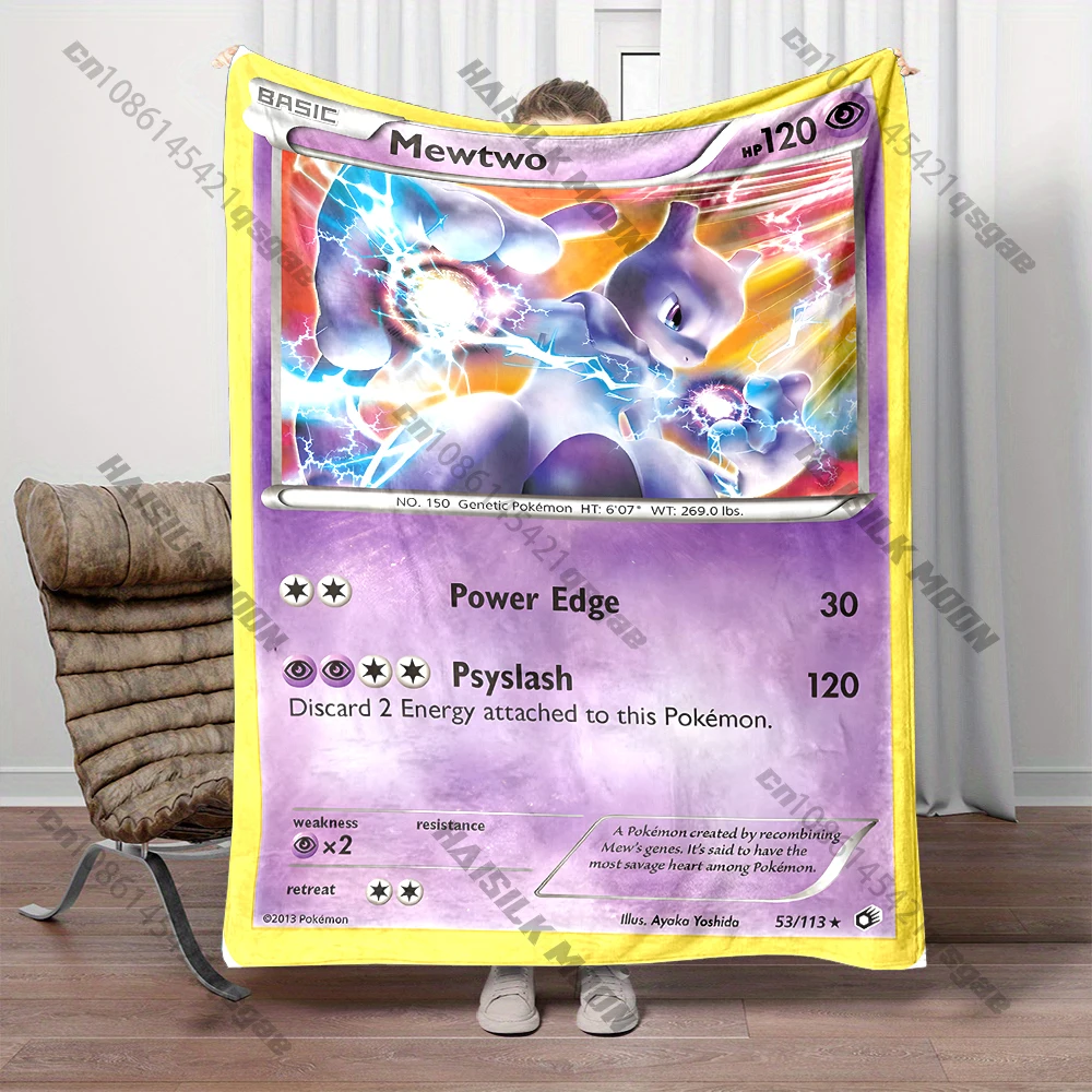 Pokemon Mewtwo Card  Cartoon Japanese Style Flannel Blanket Soft Fluffy Plush Blanket Sofa Office Quilt Throw Picnic Beach Towel