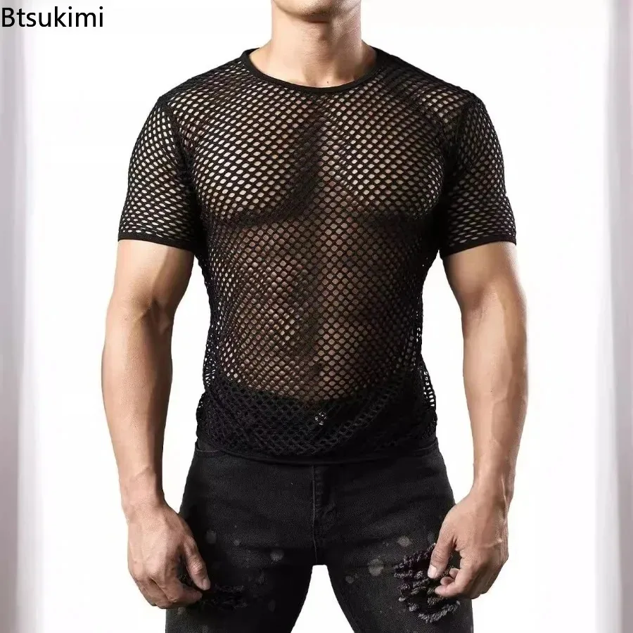 New 2026 Men's Sexy Mesh T-shirts Transparent Hollow Out Fishnet Short Sleeve O-neck Tops Men Sport Fitness Tees Nightclub Vest