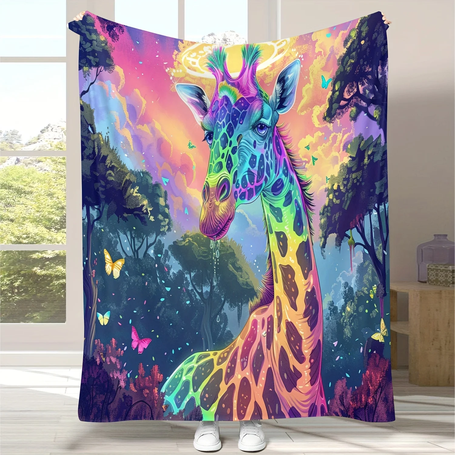 Psychedelic Giraffe Throw Blanket, Knitted Coastal Style All Season Flannel Fleece, Animal Theme with Vibrant Colors and Butterf