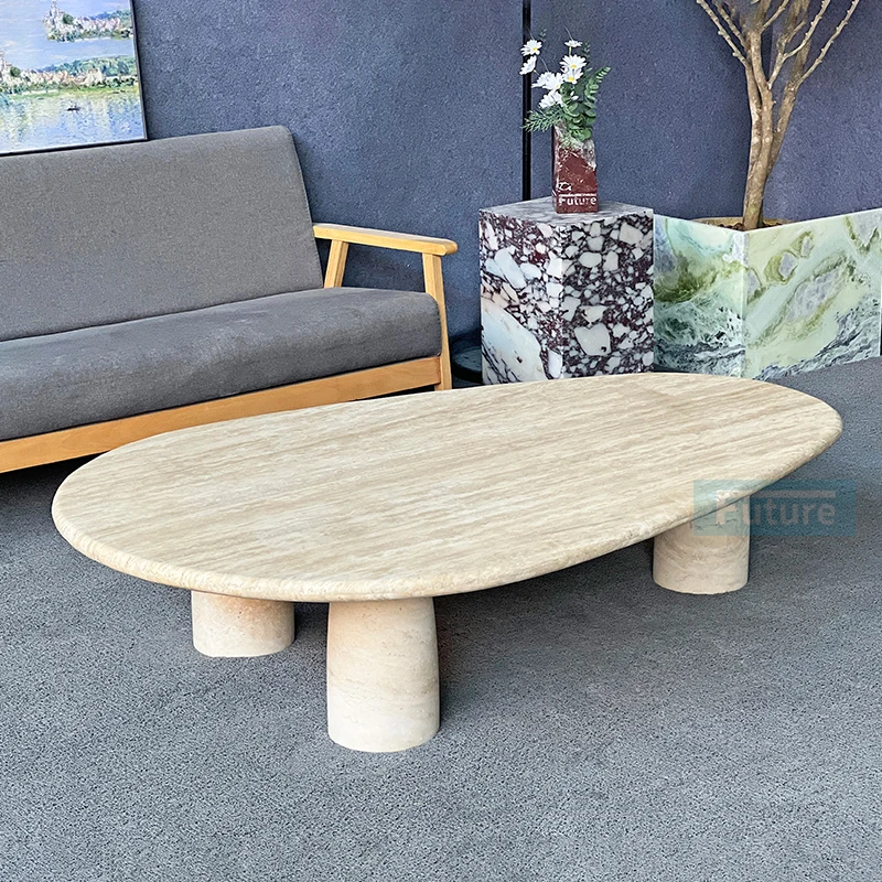 

Light Luxury Beige Travertine Marble Coffee Table Table Furniture Style Marble Top Coffee Tables