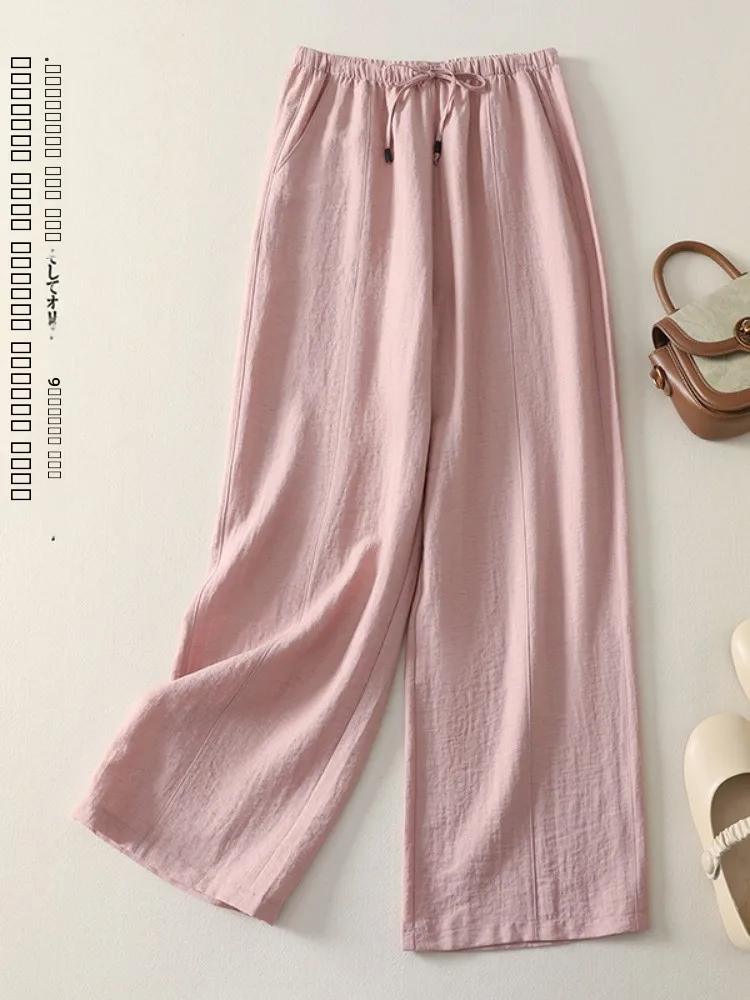 

Летние женские свободные брюки с широкими штанинами из хлопка и льна на резинке, повседневные тонкие прямые брюки-трубы для города, коллекция 2025 года