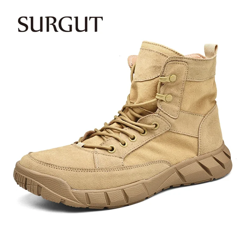 SURGUT Unisex Men\'s High Top Boots Fashion Motorcycle Ankle Boots Men Lace-Up Leather Shoes Mate New Boots