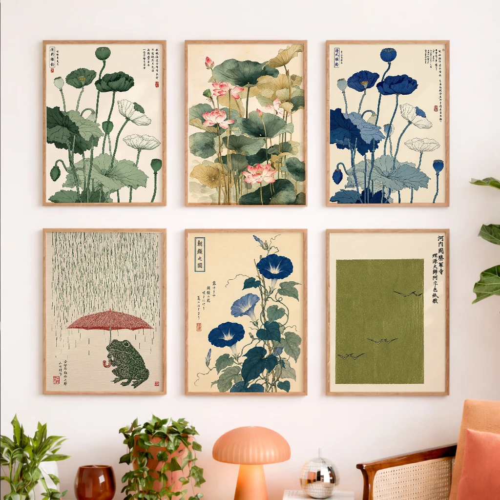 Set of 6 Botanical Birds Floral Oriental Lotus Pods Morning Glory Frog Umbrella Modern Botanical Birds Floral Canvas Poster