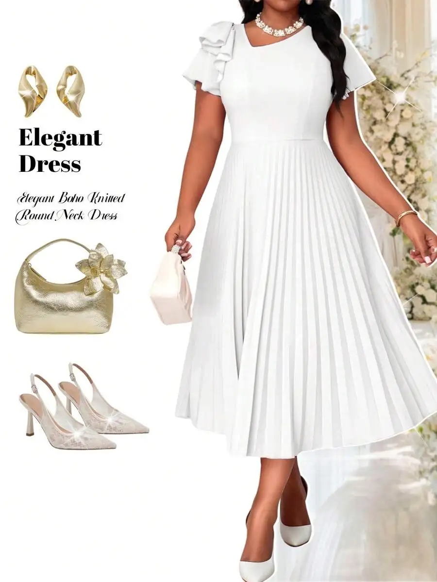 

Elegant Boho Knitted Round Neck Flared Pleated Midi Dress With Flounce Sleeve