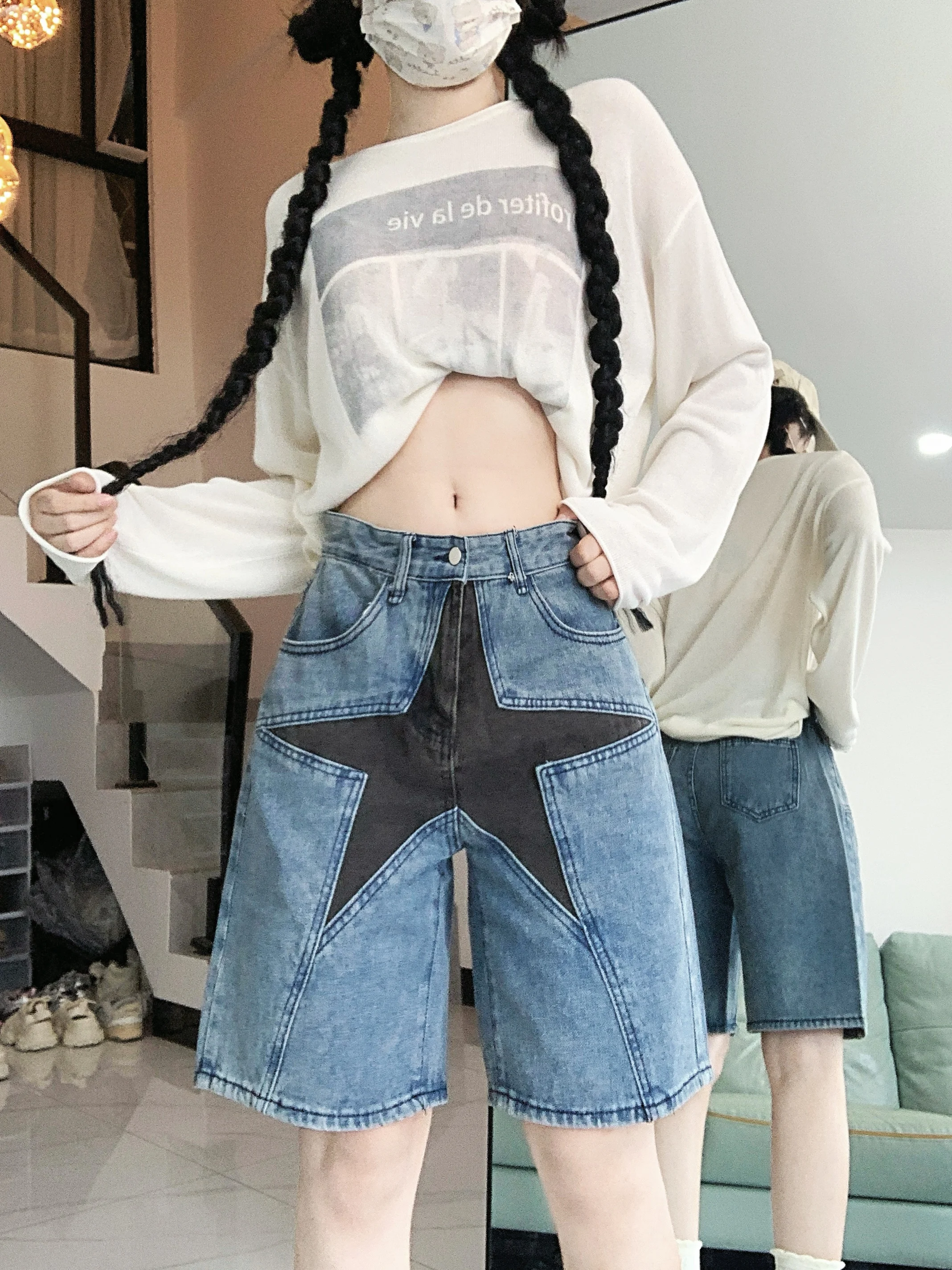 2024 Spring/Autumn American workwear style, street high waisted fabric jeans, casual straight leg five quarter pants for women