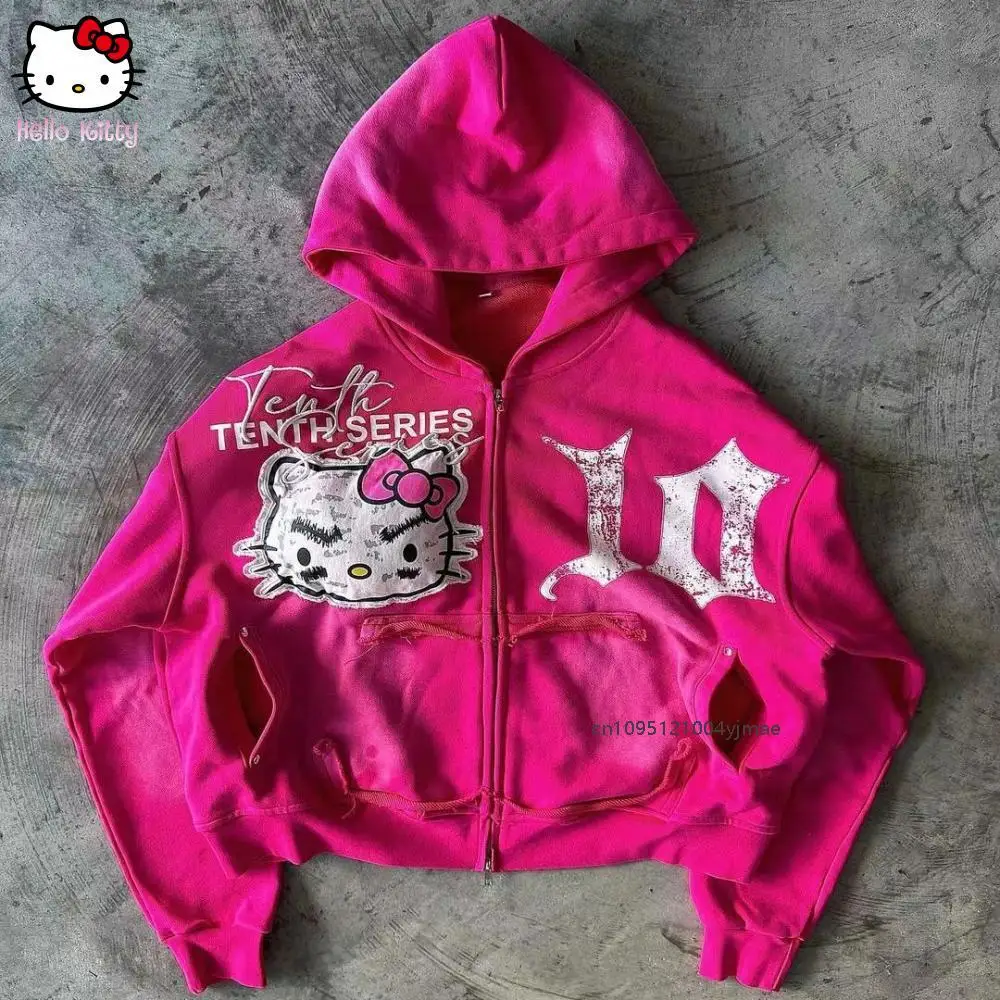 

Hello Kitty Sanrio Trend Американская мода Розово-красная толстовка с капюшоном Новый милый принт Толстовка с капюшоном Хип-хоп Повседневное универсальное пальто на молнии