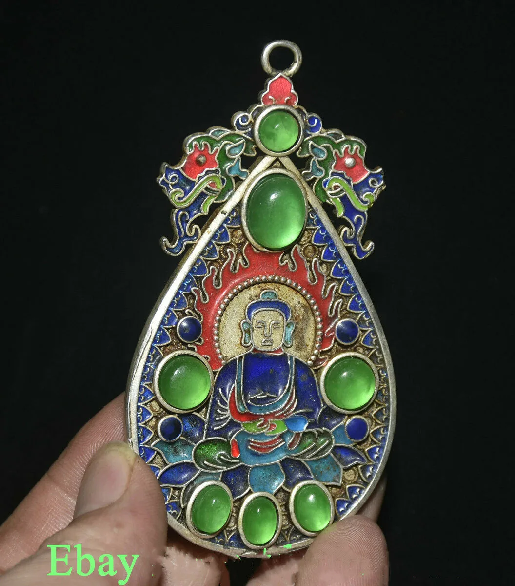 

Old China Miao Silver inlay Green Jade Cloisonne Shakyamuni Buddha Pendant