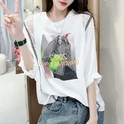 Lässige stilvolle Brief gedruckt Bluse pendeln Spitze Patchwork Sommer koreanische karierte weibliche Kleidung Racken Rundhals-Shirt