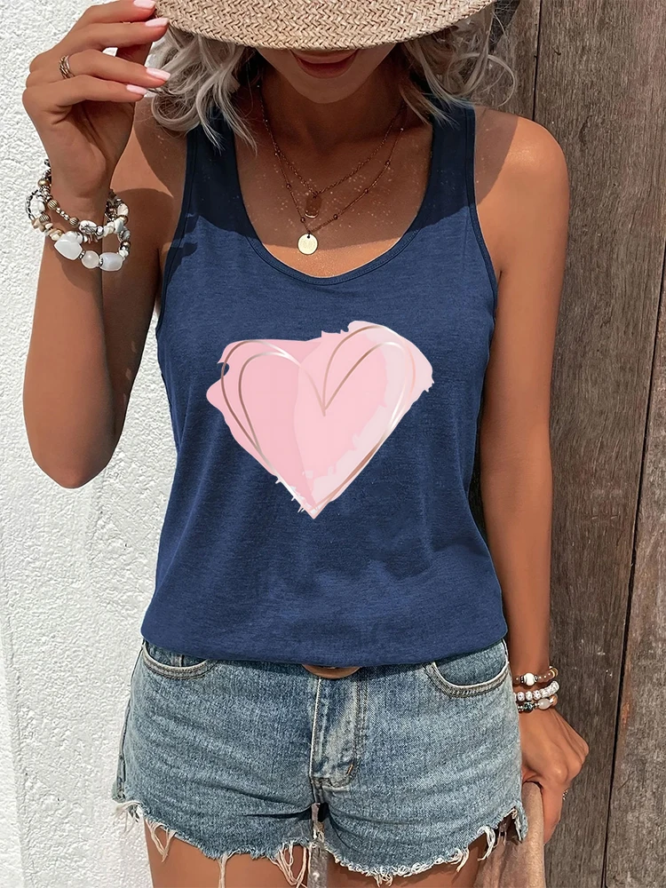 Trendy Short Tops Woman Pink Heart Graphic Tank Top Women Funny Heart Print Racerback Tanks HeartsTrend Style Summer Sexy Tops