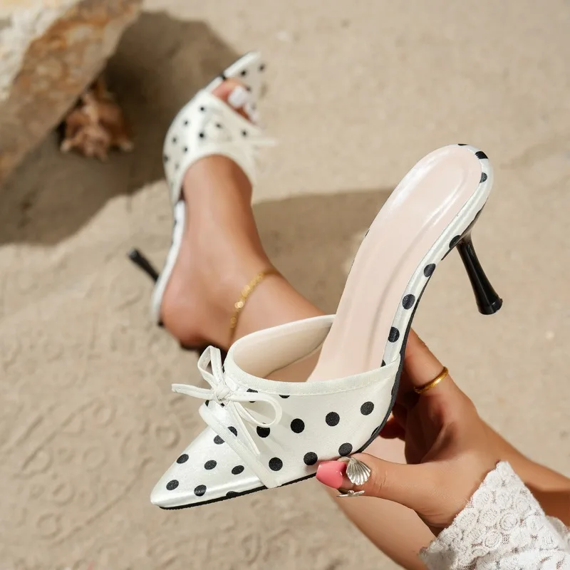 Fashion Women High Heel Sandals 2026 Summer New Polka Dot Bow Decor Pointed Toe Female Shoes Trendy Casual Thin Heel Sandals