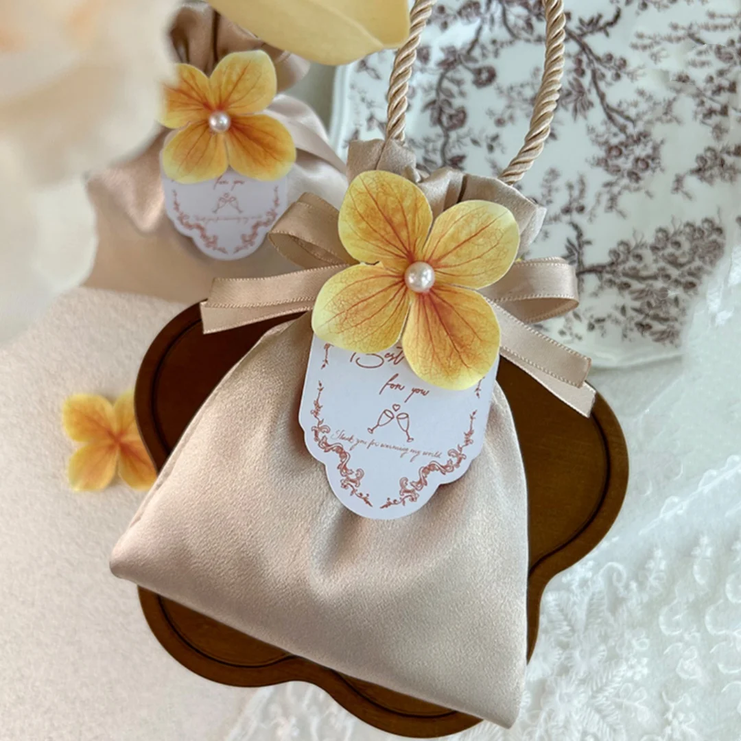 Candy Box Satin Storage Bags Flower Drawstring Bag Silky Wedding Candy Bag For Wedding Gift Packaging Event Decoration