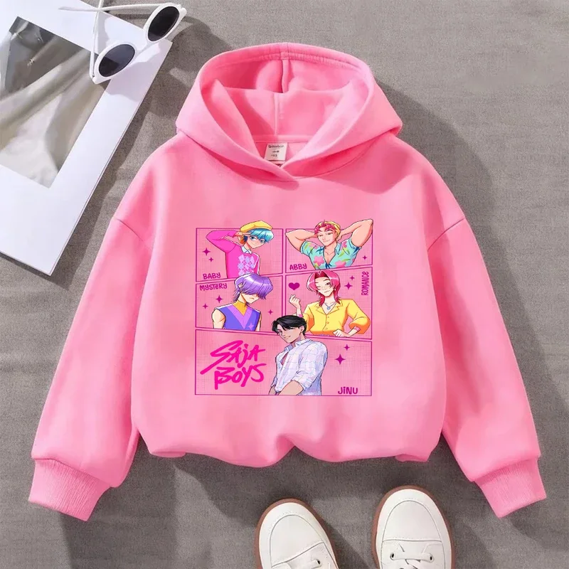 Kapuzenpullover für Mädchen, warmer Rumi KPop Demon Hunter-Mantel, modische Freizeit-T-Shirts mit Cartoon-Wellen für Kinder, lässig schwarz