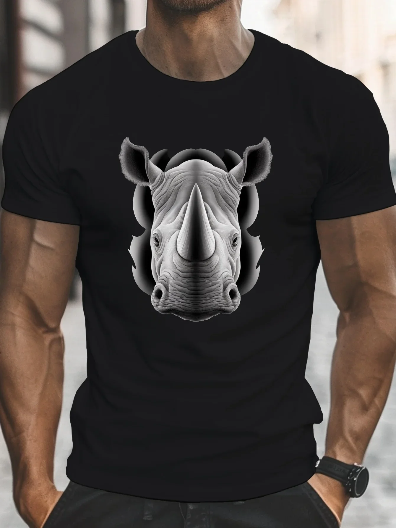 Funny Men's Realistic Rhino Graphic T-Shirt Wild Animal Rhinoceros Print Short Sleeve Tee Wildlife Lover Casual Streetwear Top