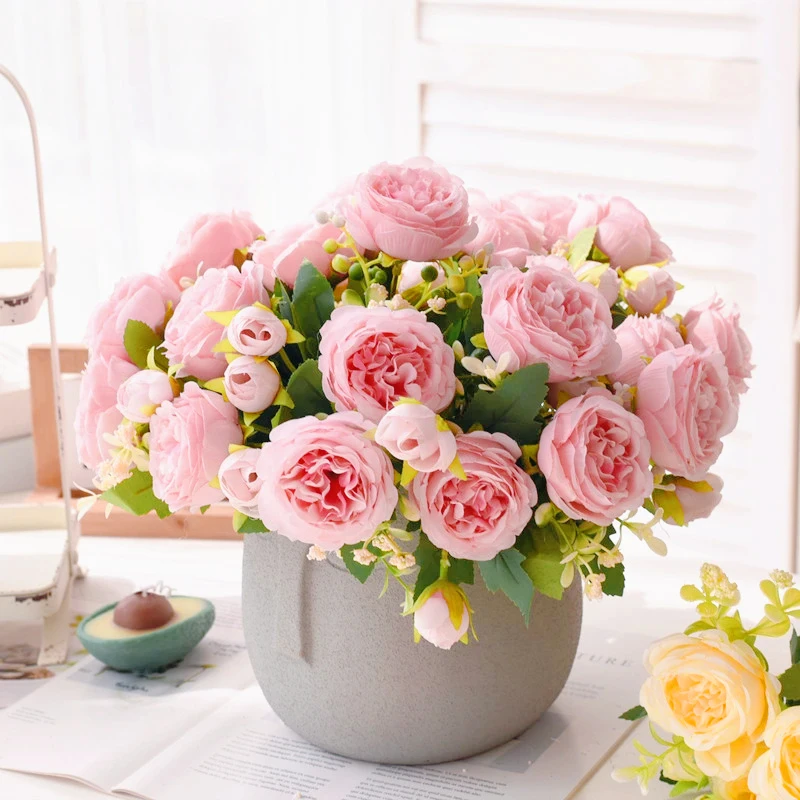 

30cm Rose Pink Silk Bouquet Peony Artificial Flower 5 Big Head 4 Small Bud Bride Wedding Home Decoration Artificial Flower