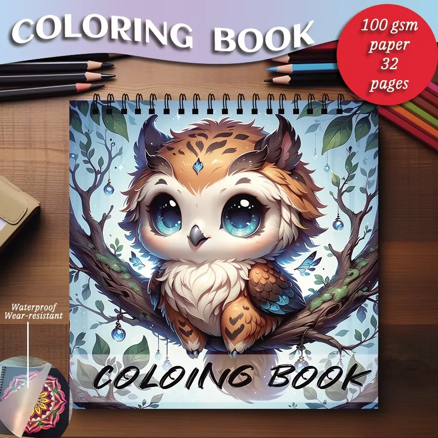 Coloring Book - 7.87 x 7.87 inches 32 pages of cute owl coloring book - the perfect gift for family or friends