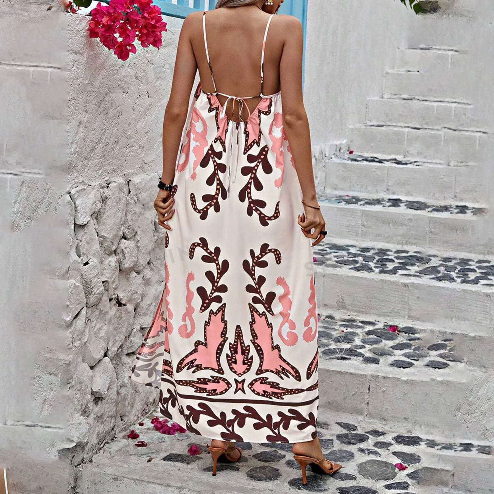 Dames Zomer Boho Spaghetti Bandje Mouwloze Jurk Bloemen Flowy Swing A Line Lange Maxi Strand Jurk Zonnejurk