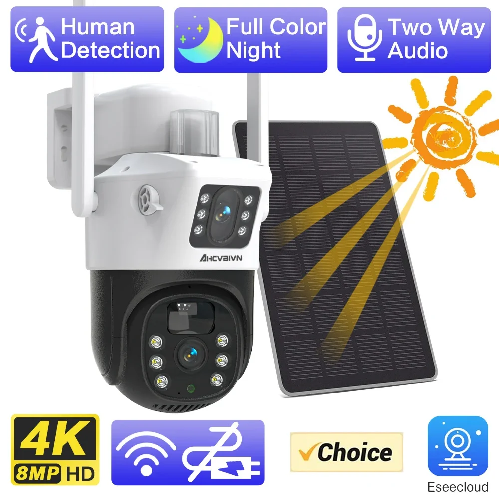 8mp Solar Panel Ptz Camera Wifi Outdoor CCTV Camara Auto Tracking Night Vision Eseecloud Security Protection Built in Battery 4k