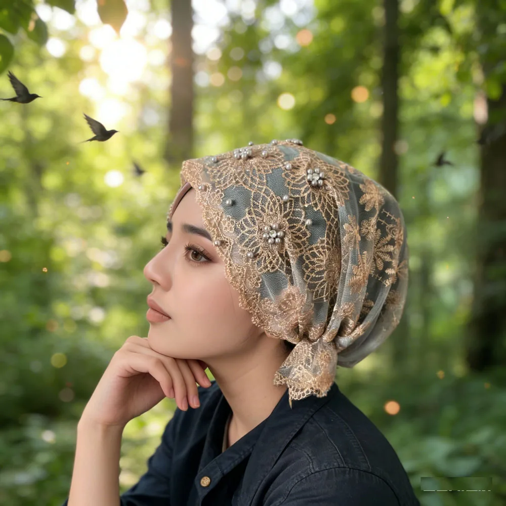 

Двухслойный кружевной нижний платок с вышивкой бисером для женщин, мусульманский хиджаб, шапка, шапочки от выпадения волос, мягкий головной убор на свадьбу
