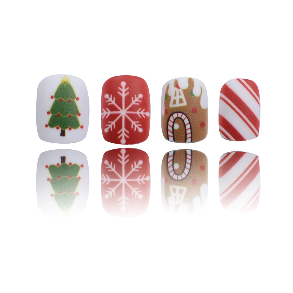 Press-On Nails Set - Christmas Collection with Frosted Cute Cartoon Gingerbread, Christmas Tree, Snowflake & Candy Cane Designs