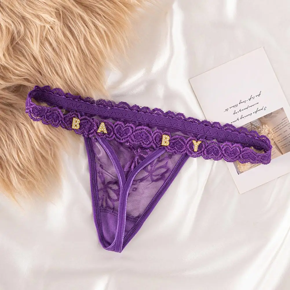 Women's Panties Heart Shape Lace Solid Color Rhinestone Letter Decoration Seamless Low Waist Embroidered Women's Thong