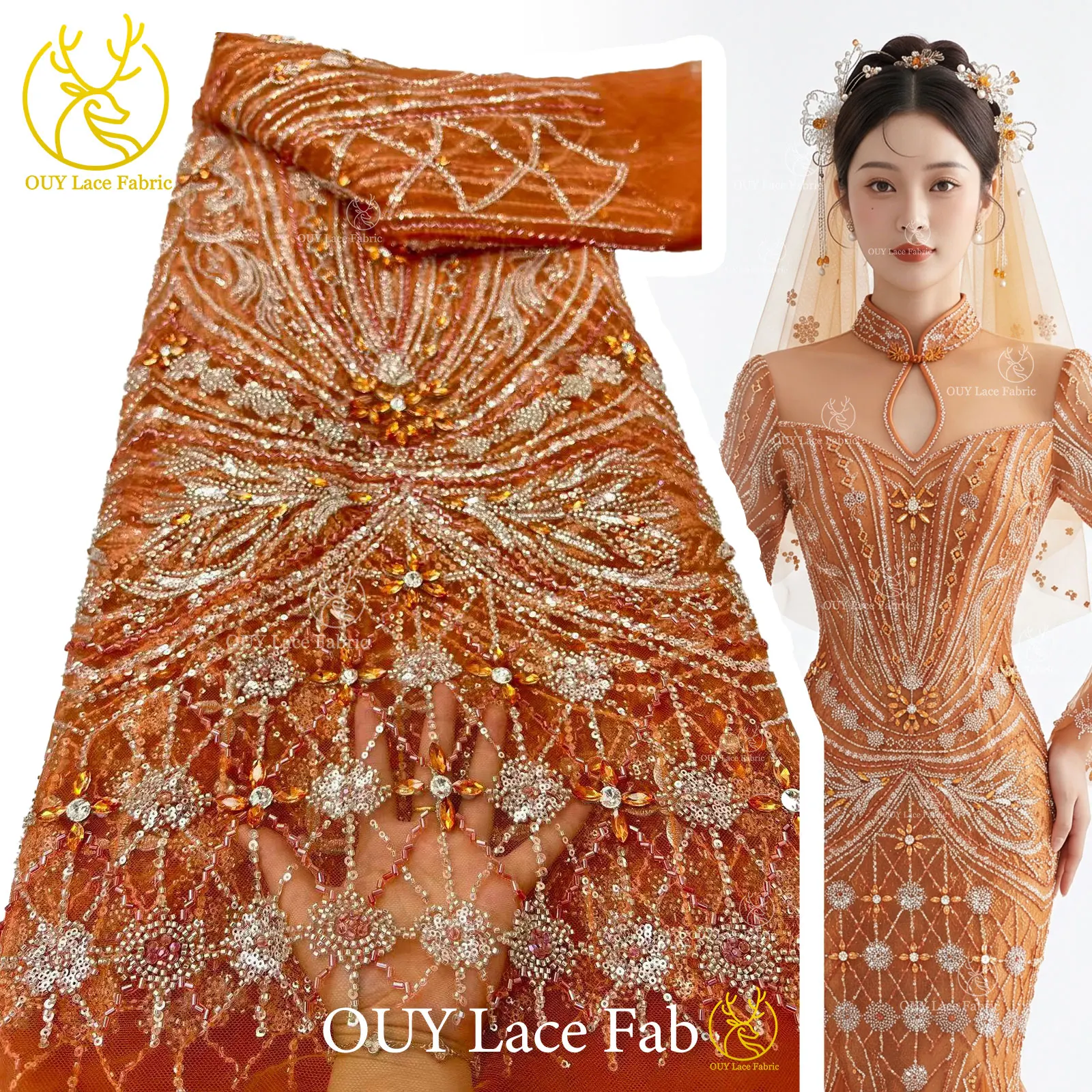 

Brand New Gorgeous Nigerian Diamond Lace Fabric High-End African Beaded Sequins Lace Fabric Women Wedding Party Dress Sewing