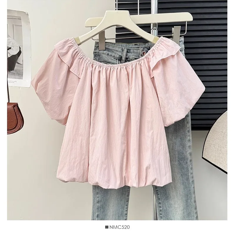 French Style Sweet Three-dimensional Flower Bubble Sleeve Short Shirt Summer Folds Loose Blouse Women 2024 Summer Chic Top