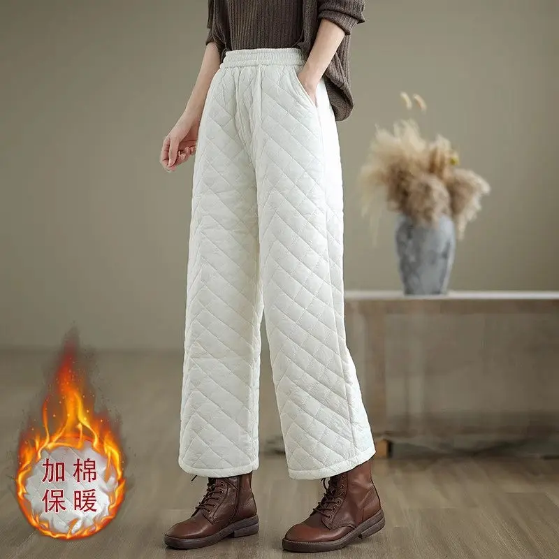 

Large Size Women's Loose Fit Cotton Padded Thick Casual Versatile Loose Straight Leg Pants Casual Elastic Waist Trousers A459