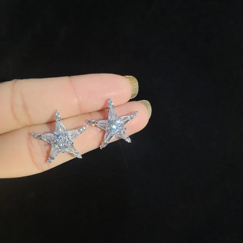 Simple Female Earrings 925 Sterling SIlver Pentagram Earrings for Women Inlaid Cubic Zircon Star Shaped Jewelry Gift Pendientes