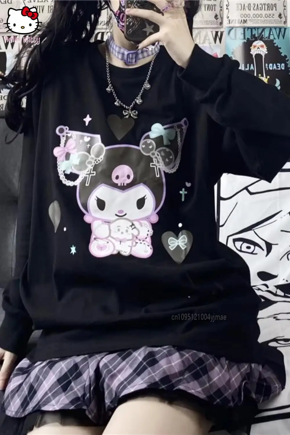 Sanrio kuromi harajuku estilo japonês doce dos desenhos animados sanrio kuromi impresso manga longa camiseta o-pescoço camiseta meninas topos kawaii