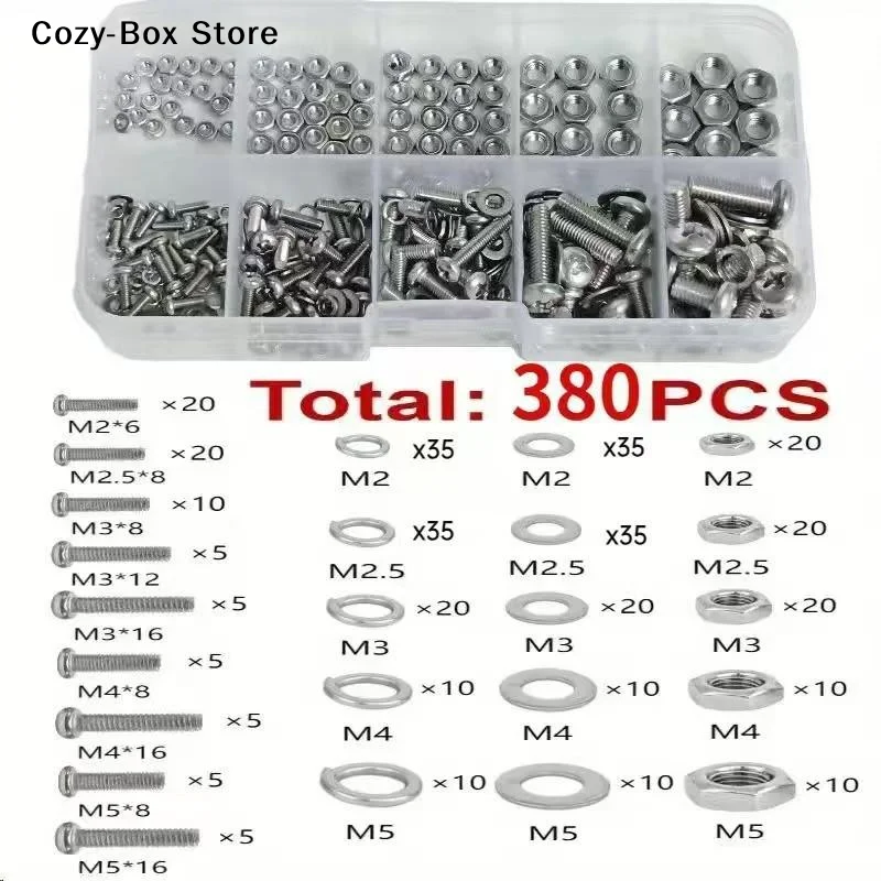 [ZY]Hex Nuts And Bolt Set - 380 Pcs/120 Pcs Durable M2 - M5 Metric Size Universal Hardware Kit For DIY Projects And Repairs[ZY]