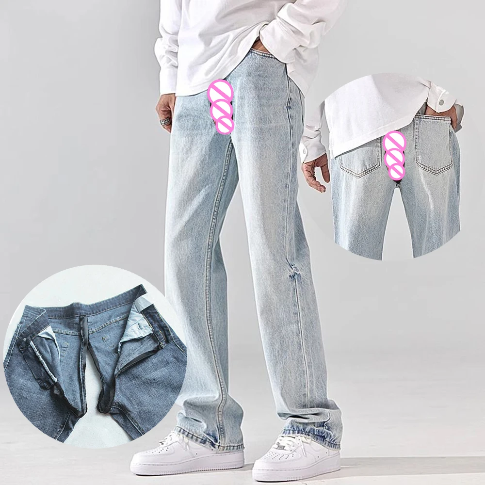 Invisible Open Crotch Outdoor Sex High Street Wide Leg Slacks Light Blue Men's Jeans Pantalones Vaqueros Elasticos Para Hombre