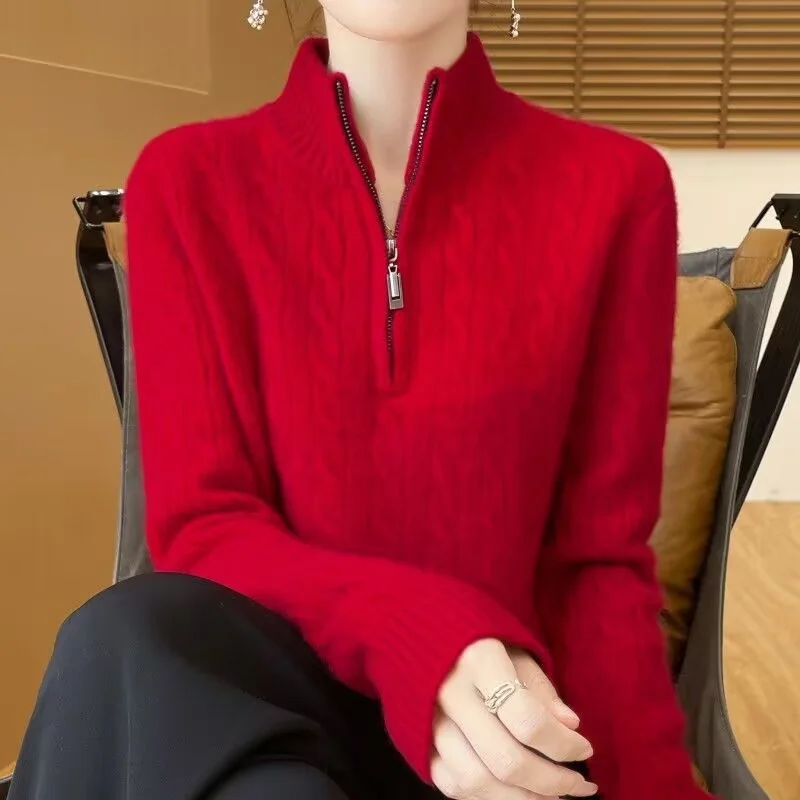 Solid Color Zipper Jacket Autumn New Knitted Sweater Cardigan Women\'s Standing High Neck Loose Slimming Knitted Sweater Spring