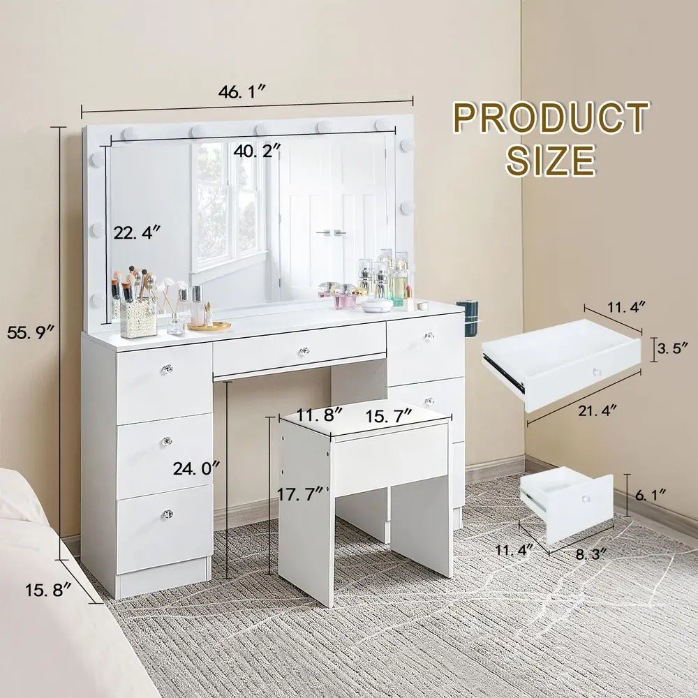 46 LED Lighted Makeup Vanity Desk, 7 SmoothGlide Drawers, USB amp AC Charging Station, Adjustable 3 Light Modes, Cushioned Stoo
