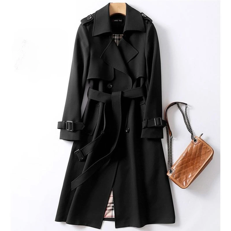 Korean Vintage Long Sleeve Mid-Length Trench Coat Solid Color Women Casual Wool Autumn Winter Turtleneck Button Patchwork