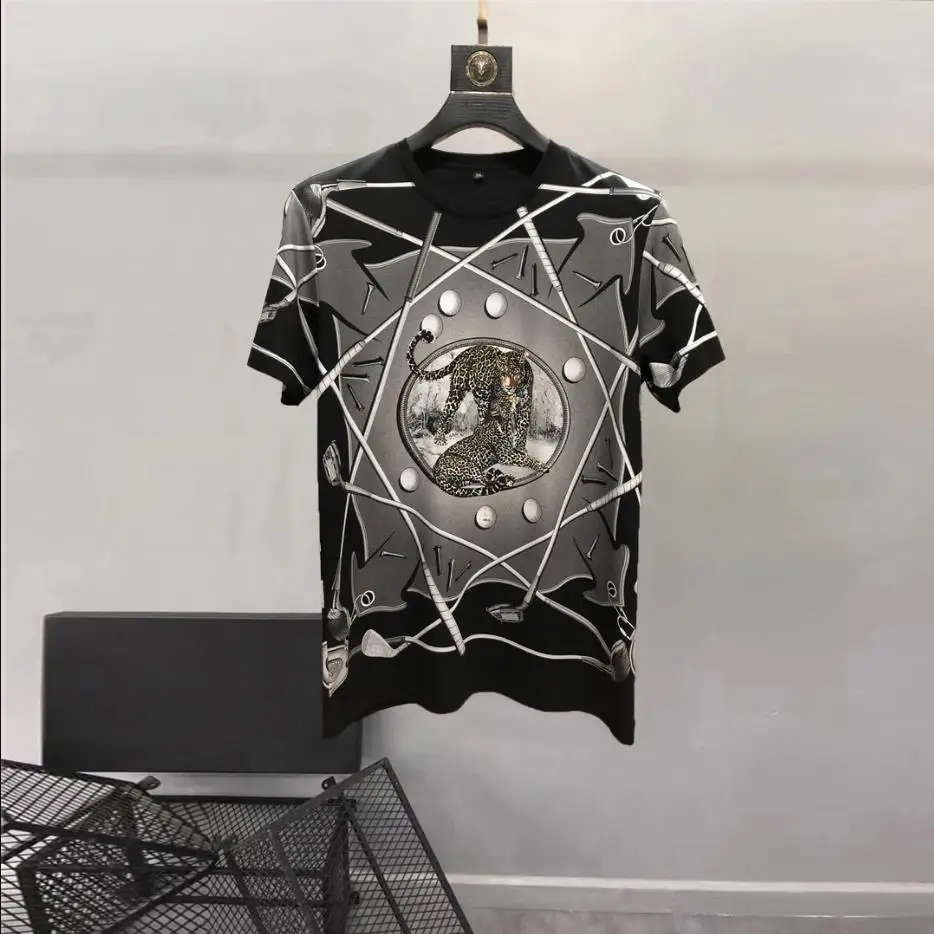 European and American men's wear summer 2022 new Stamped leopard with diamond stamping Fashion T-shirt with round neck