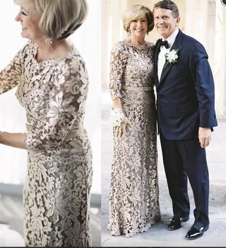 맞춤형 3/4 소매 레이스 신부 어머니 칵테일 무도회 파티 원피스 시스 바닥 길이 가운, 결혼식용