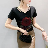 Korean Summer Clothes For Women Fashion Shiny Diamonds Flower T-Shirt Tops Female Sexy Elegant V-Collar Shirt Tees - Image 6