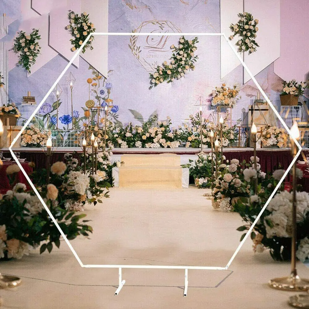 

2.4m Wedding Arch Hexagon Wedding Backdrop Stand Birthday Party Stage Decoration Supplies Flower Balloon Frame White Metal Racks