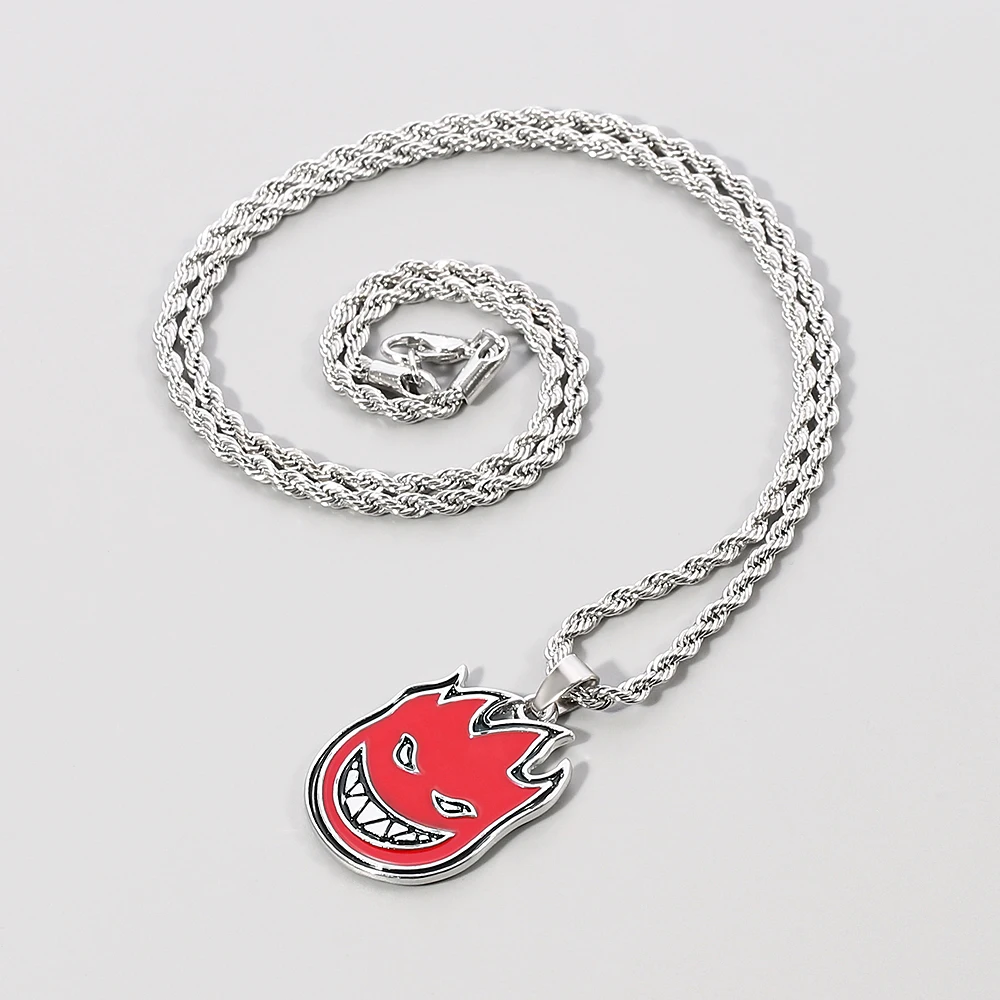 Hip-hop Magic Flame Face Pendant Punk Red Metal For Man Collar Necklace Punk Rock Charm Bar Nightclub Jewelry Accessories