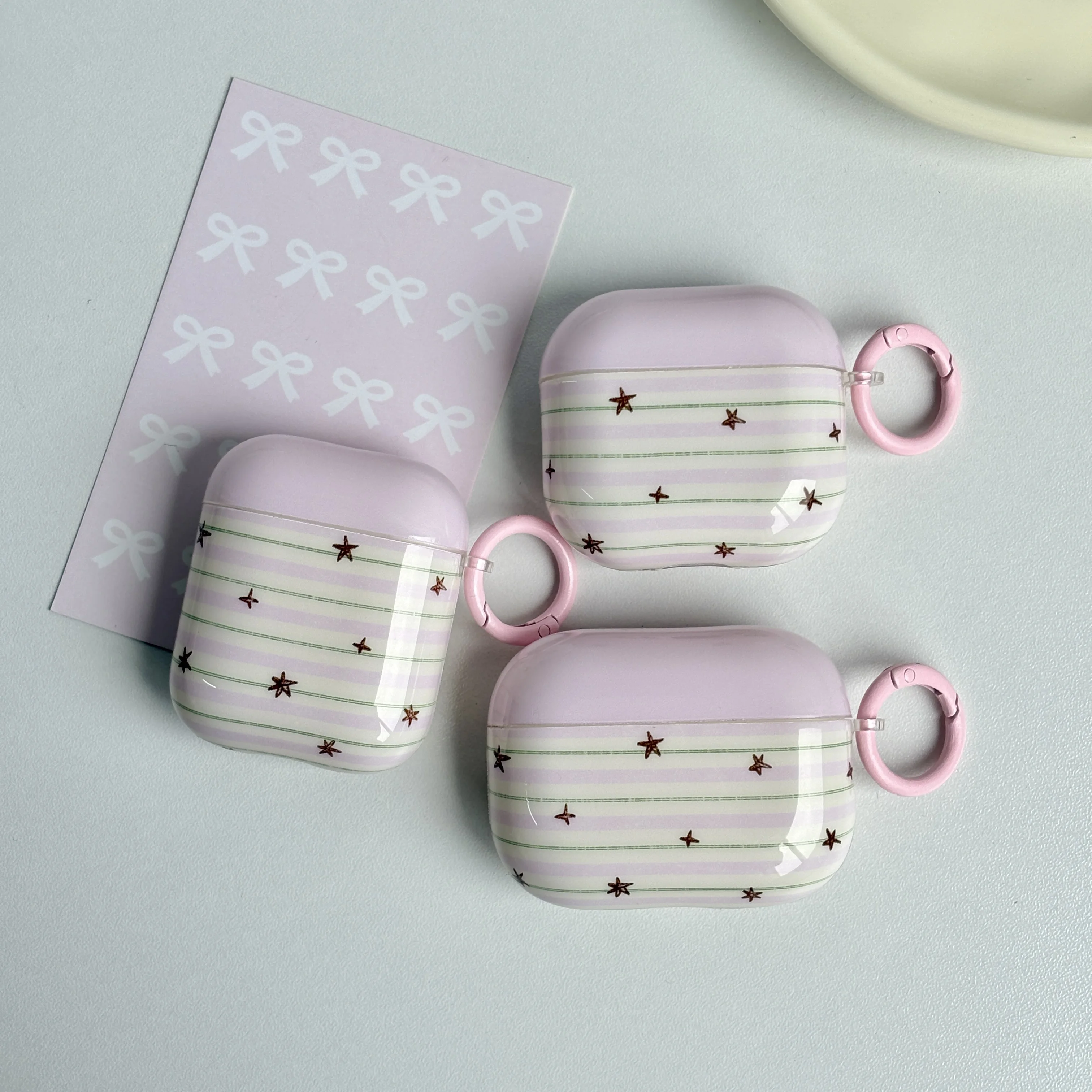 Light Purple Green Stripes Sketch Star Pattern Glossy Surface Shockproof Protective Cover Case For AirPods 1 2 3 4 5 Pro 2 Pro 3