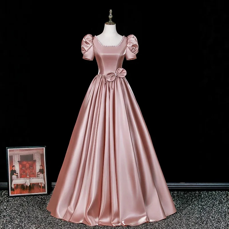 2026 Summer Women's New Vintage Satin Square-Neck Evening Gown Fashion Slimming Sexy Backless Long Bubble Sleeve Dress view 2