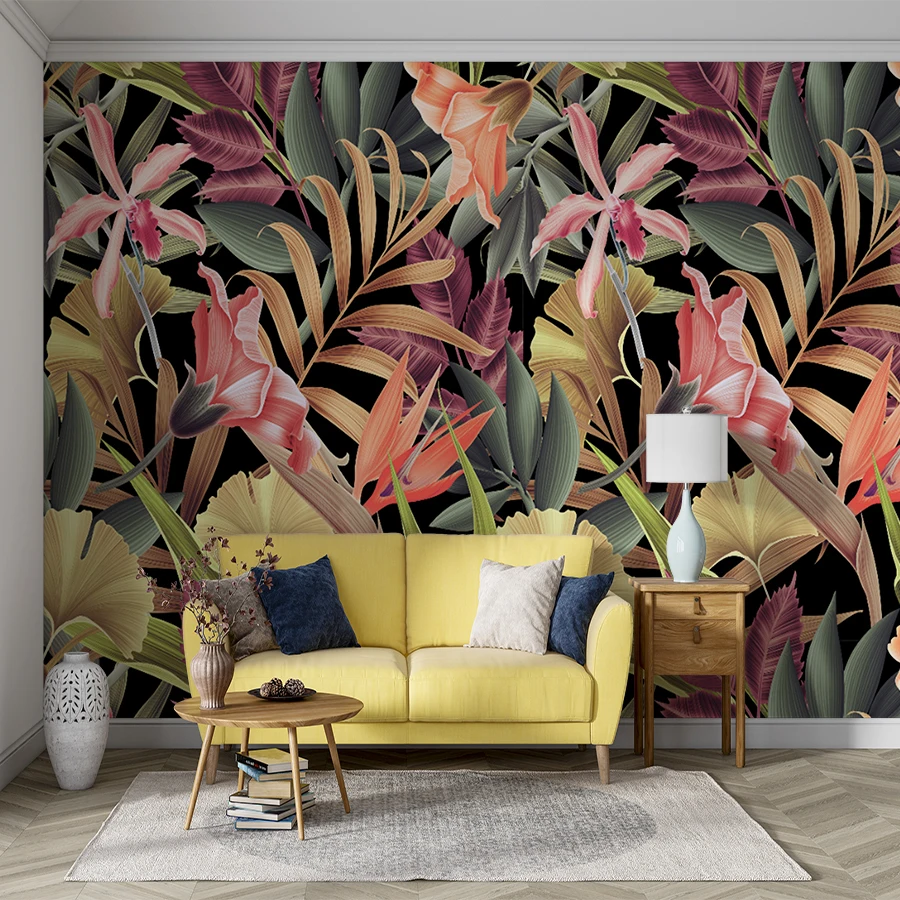 Milofi custom retro tropical plants leaves flowers and birds background mural home decoration