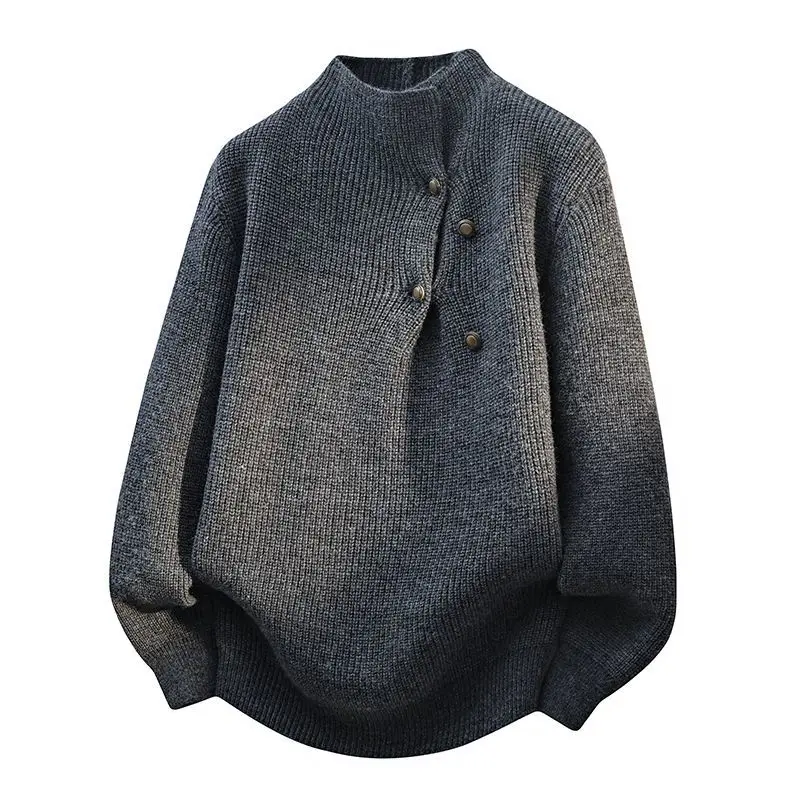 This Retro New Autumn and Winter Sweater with Button-designed High-neck Loose Sweater Base Layer Laid-back High-end and Casual